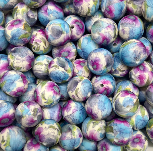 Purple Flower Printed 15mm Beads