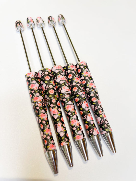 Rose Black Floral Printed Plastic Beadable Pen