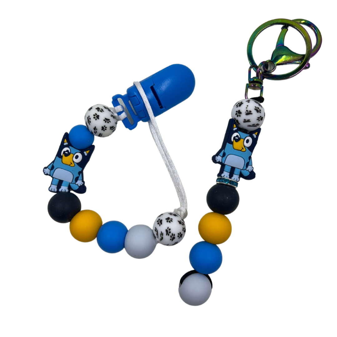 blue dog paci clip and keychain